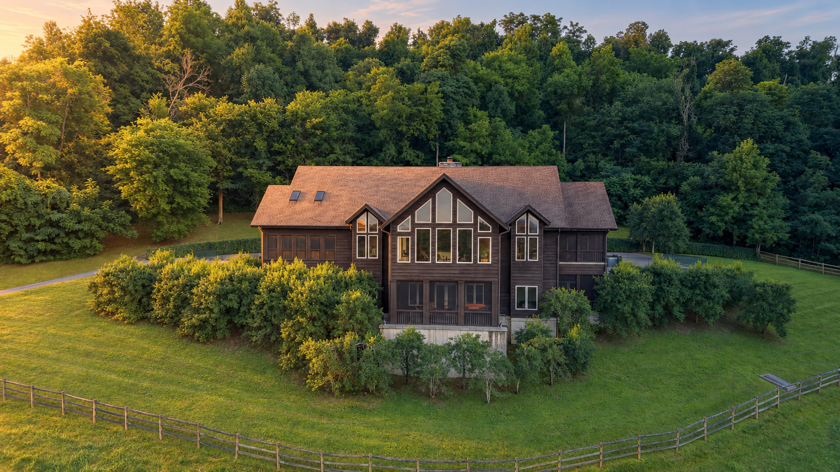 Blue Stocking Hollow house surrounded by trees, creative morning lighting study