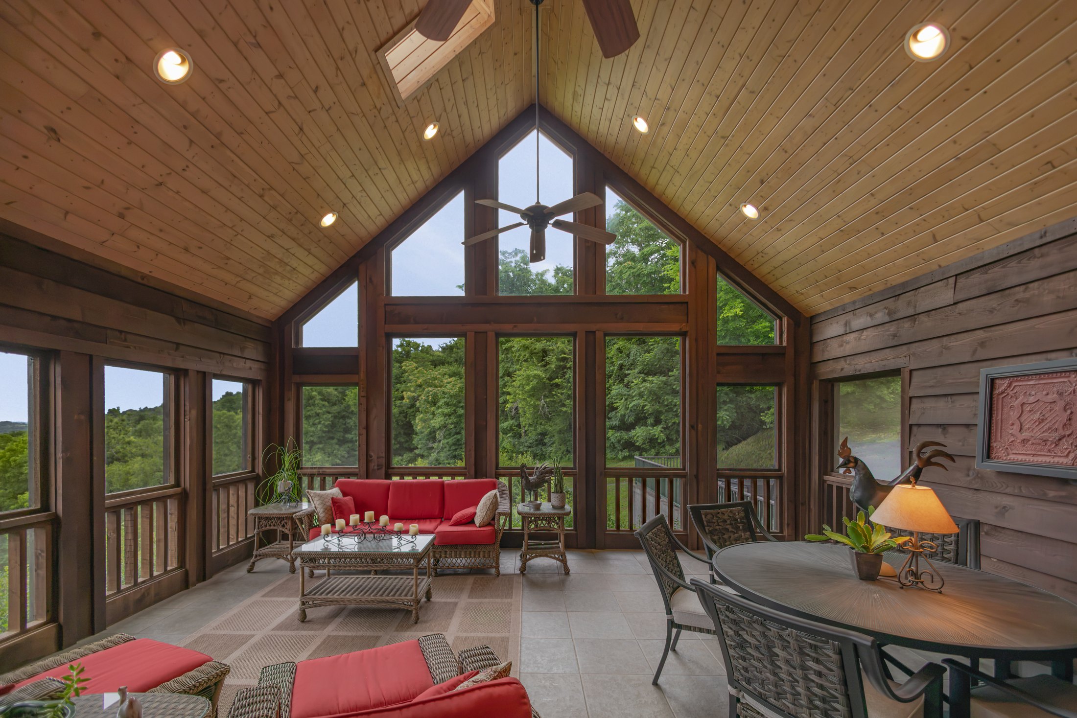 Timber-lined screened porch