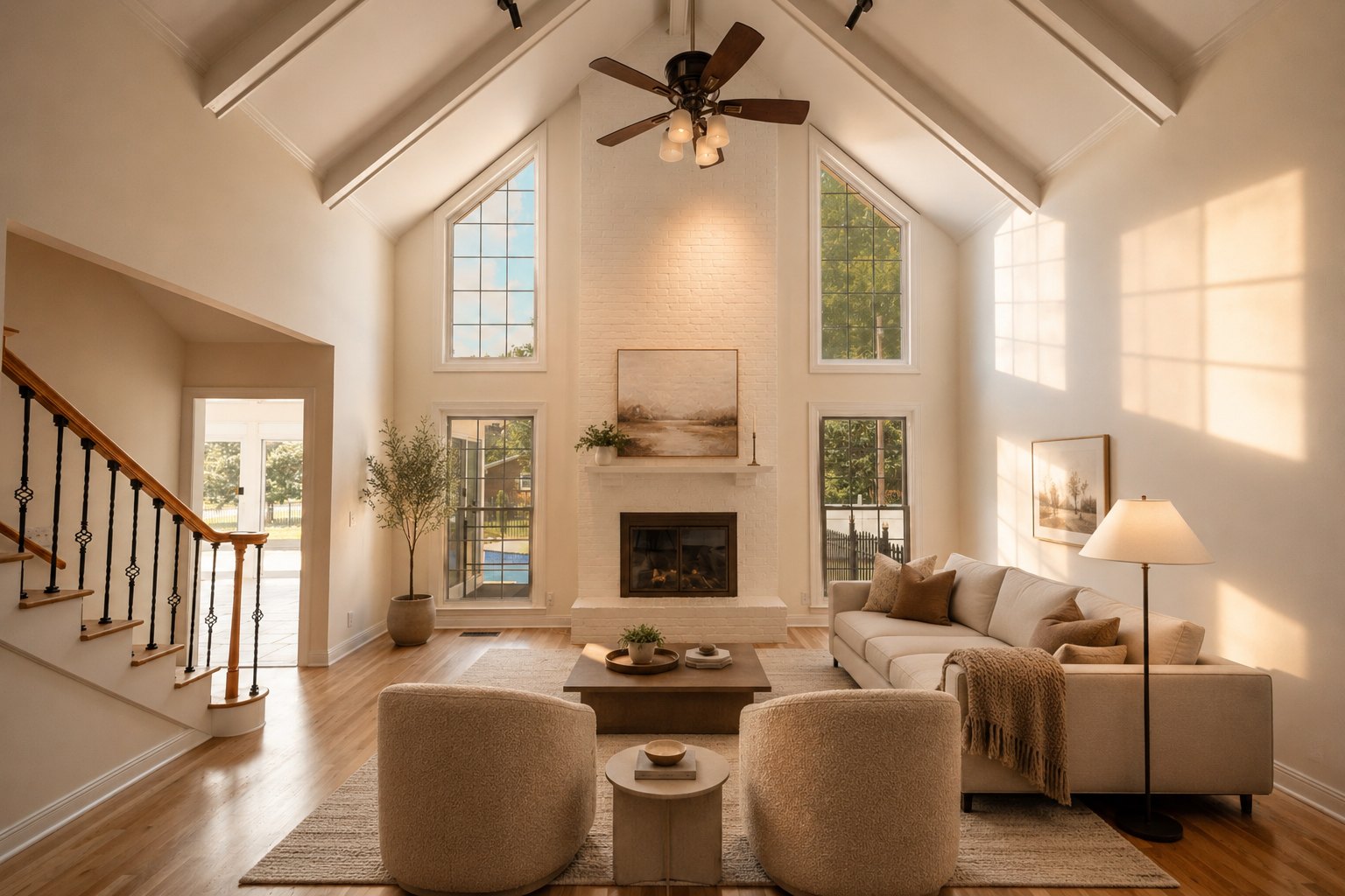 Warm light, vaulted ceilings, and a home that opens to the landscape. A story told through soft interiors and wide exterior perspectives.