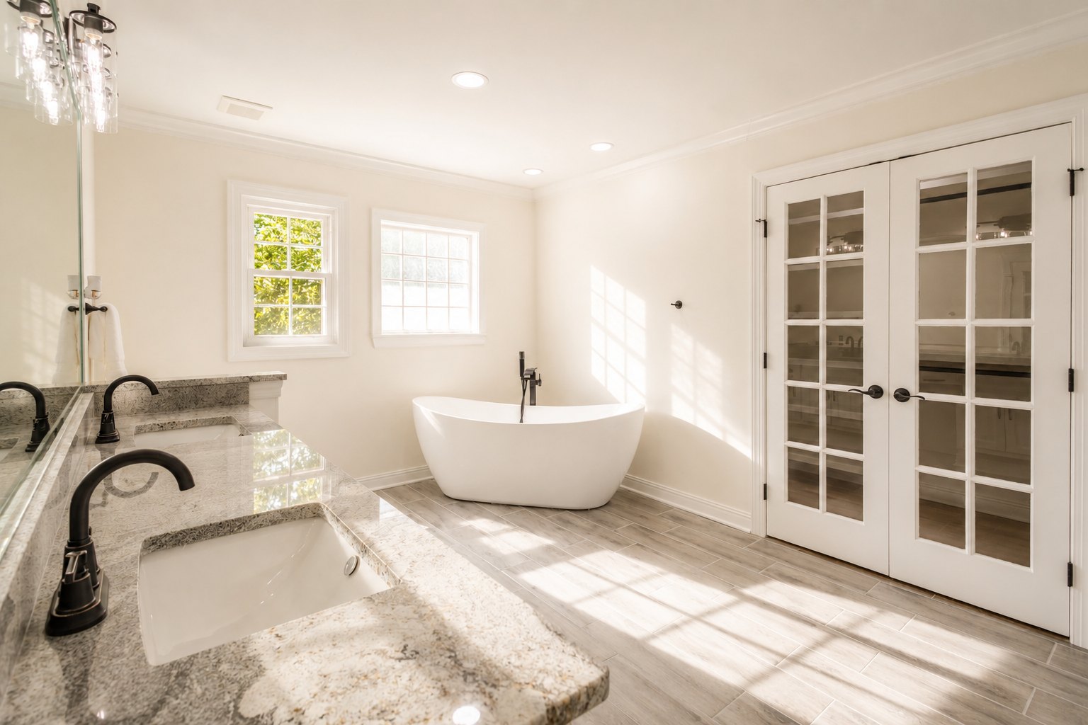 Bright bathroom with freestanding tub