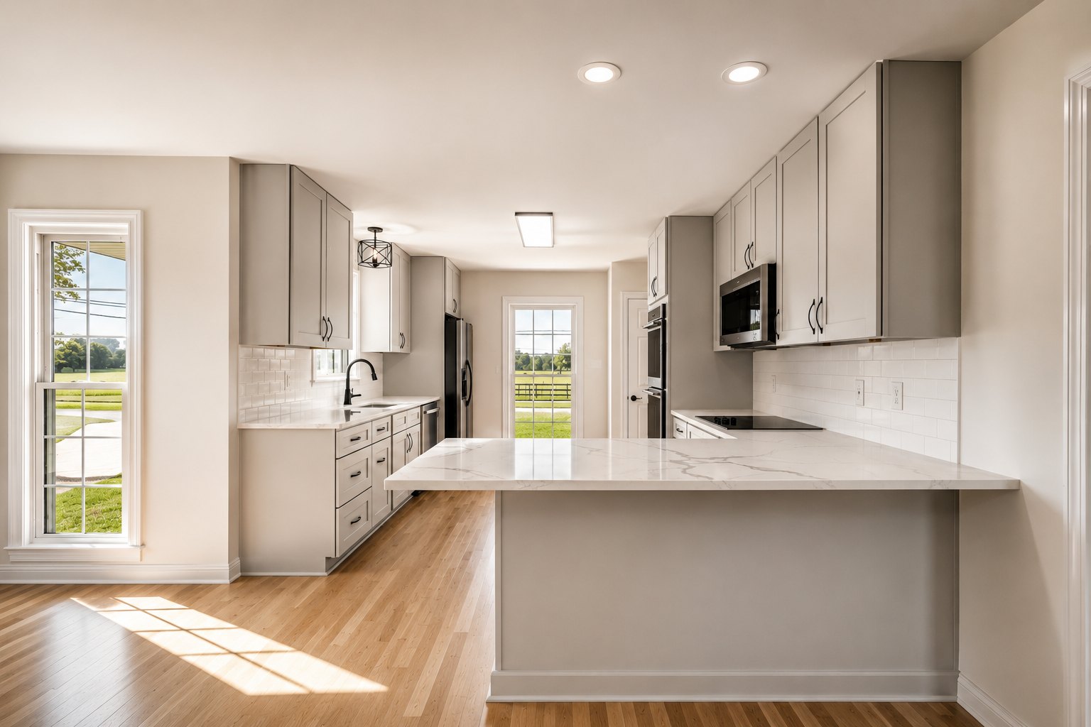 Kitchen island and cabinetry in soft natural light